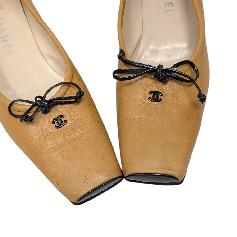 Chanel Vintage Square Toe Ballet Pump CC Logo Beige Black Bow 90s Y2K 8.5 | 9 - Picture 6 of 11